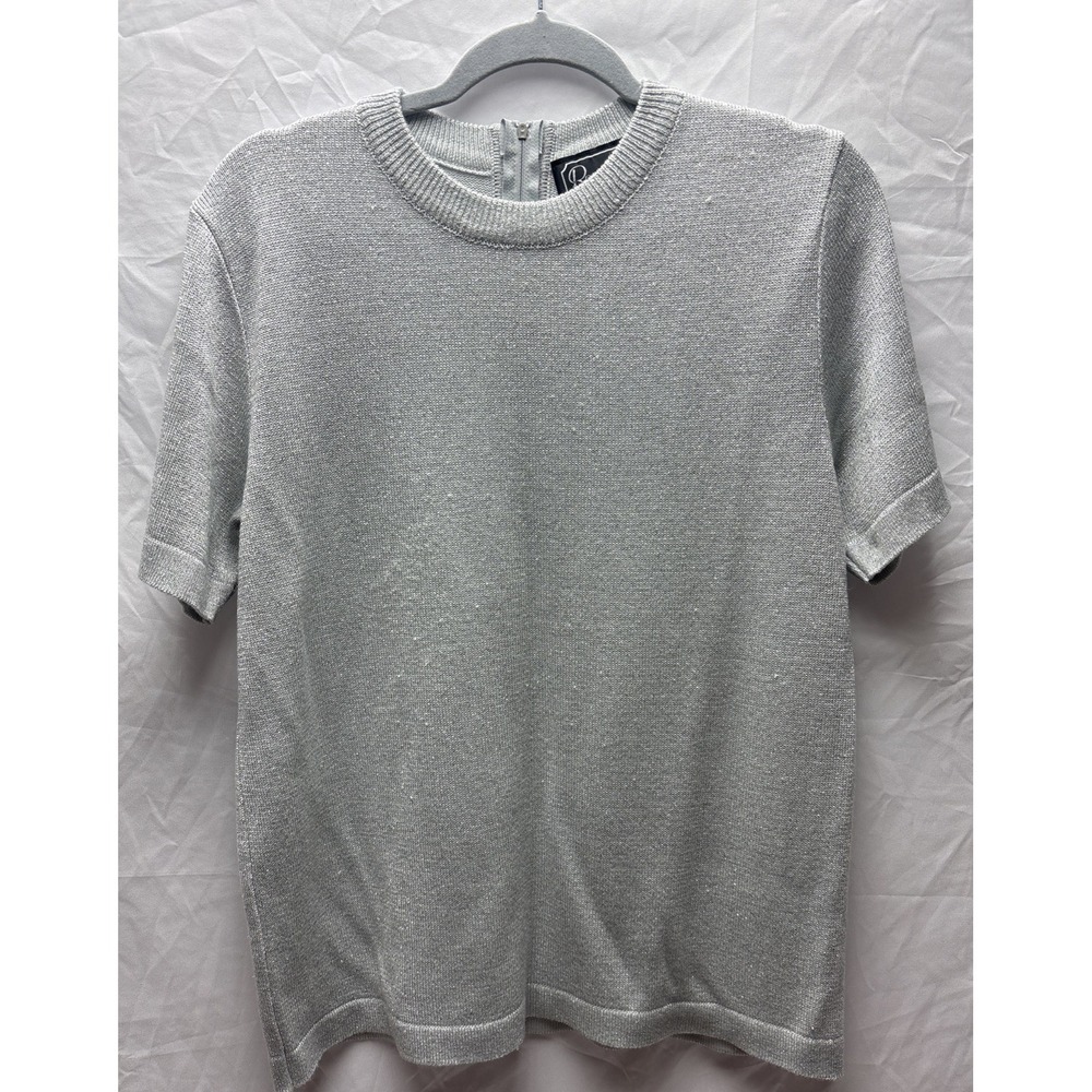 Rochelle Size Small Silver Metallic Knit Short Sleeve Top Back Zipper Womens